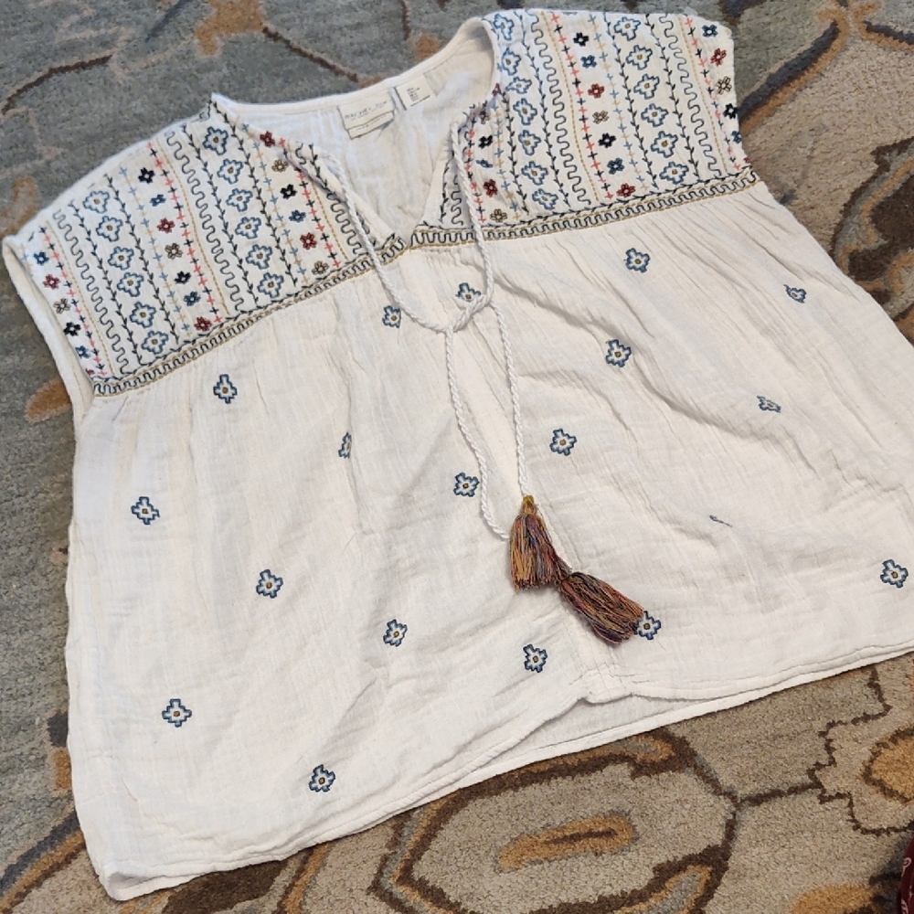 Rachel Zoe White Embroidered Peasant Top with Blue and Multi Tassels